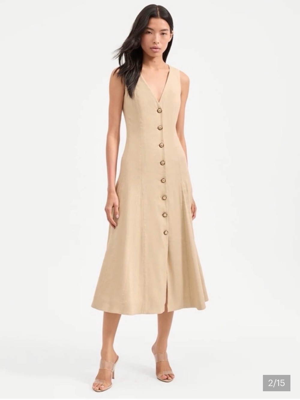 Veronica Beard Sleeveless V-Neck Button-Front Midi Dress in Beige